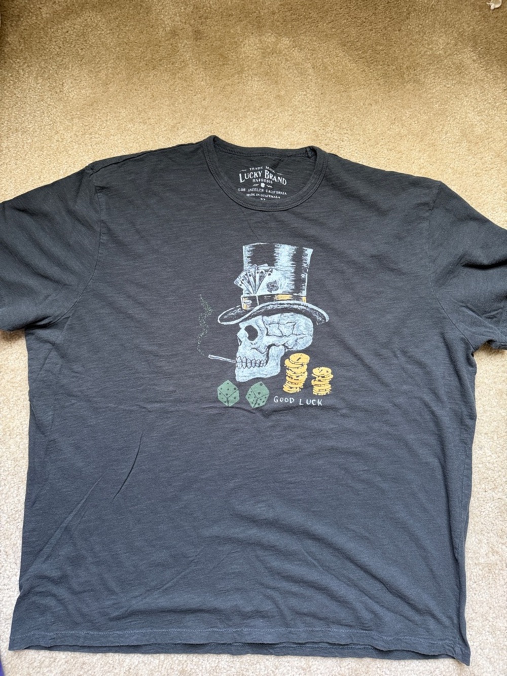 Black Graphic Skull lucky brand T-Shirt with Top Hat and Coins xl